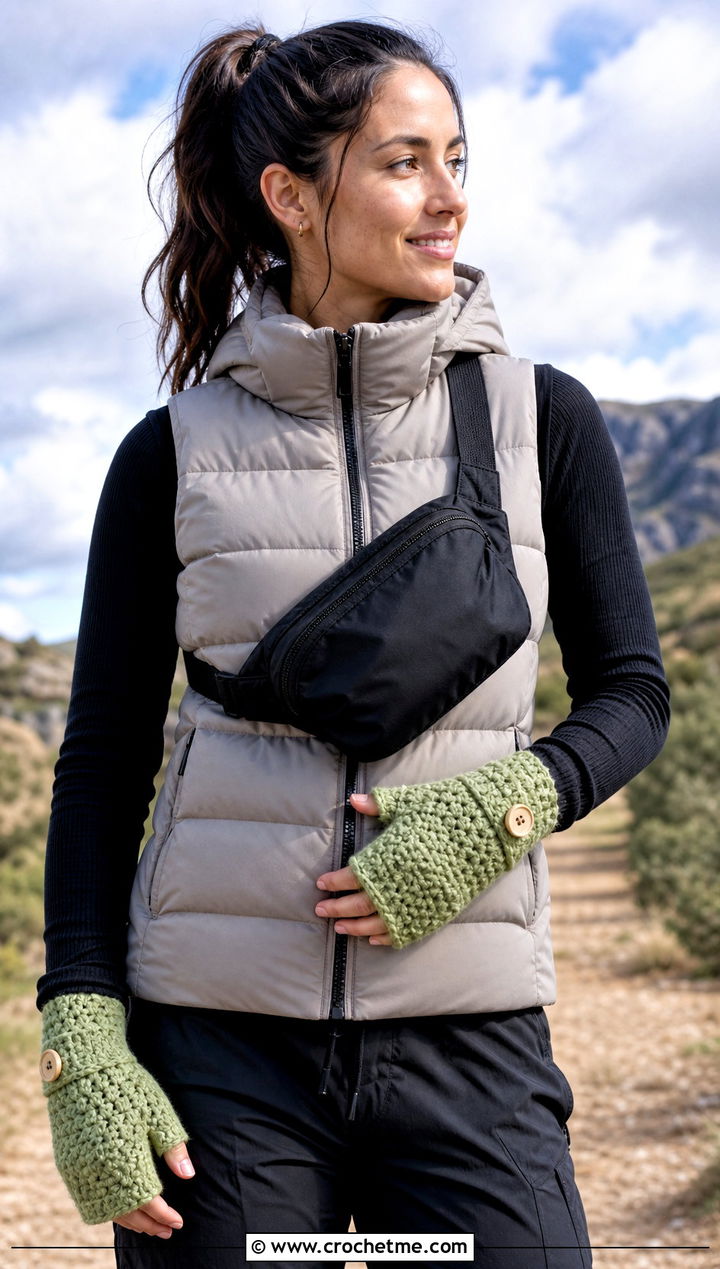 Toggle Convertible Crochet Fingerless Mittens With Puffer Vest - 20 Convertible Crochet Fingerless Mittens outfit ideas