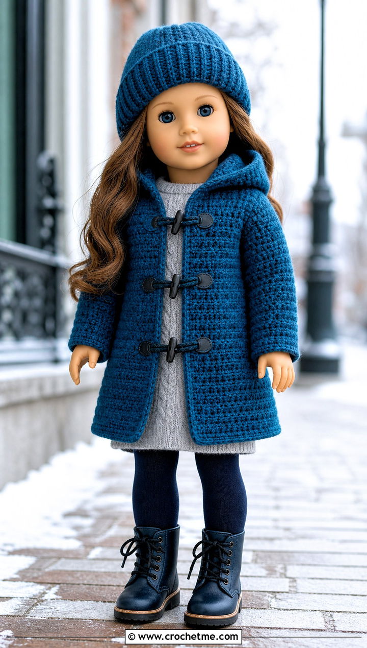 Toggle Crochet Doll Coat With A Sweater Dress - 30 crochet doll jacket outfit ideas
