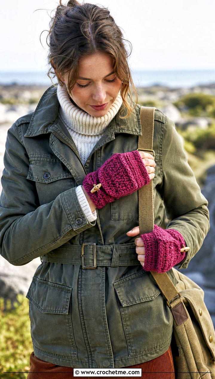 Toggle Flap Crochet Fingerless Gloves With Flap And Utility Jacket - 30 crochet fingerless gloves with flap outfit ideas