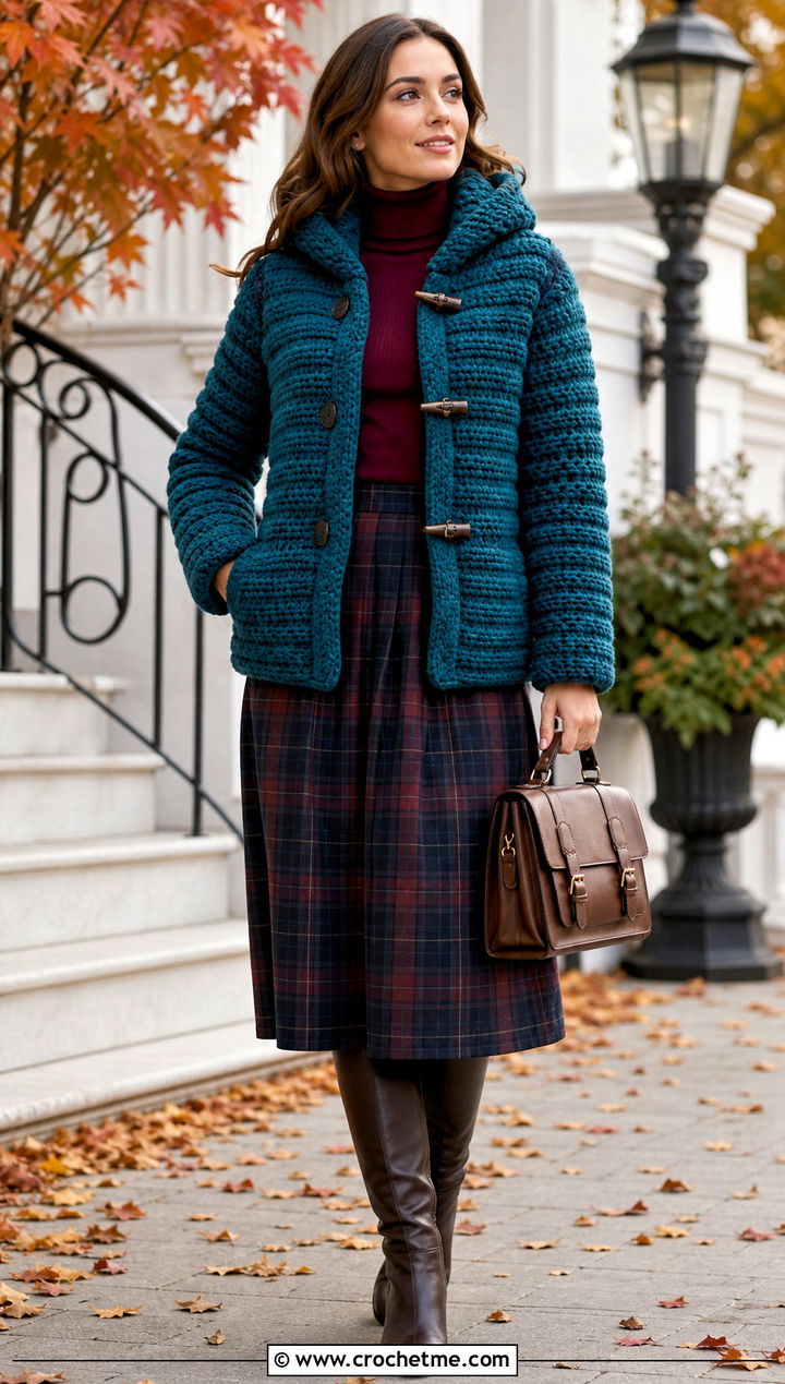 Toggle Front Crochet Puffer Jacket With Plaid Midi Skirt - 35 crochet puffer jacket outfit ideas