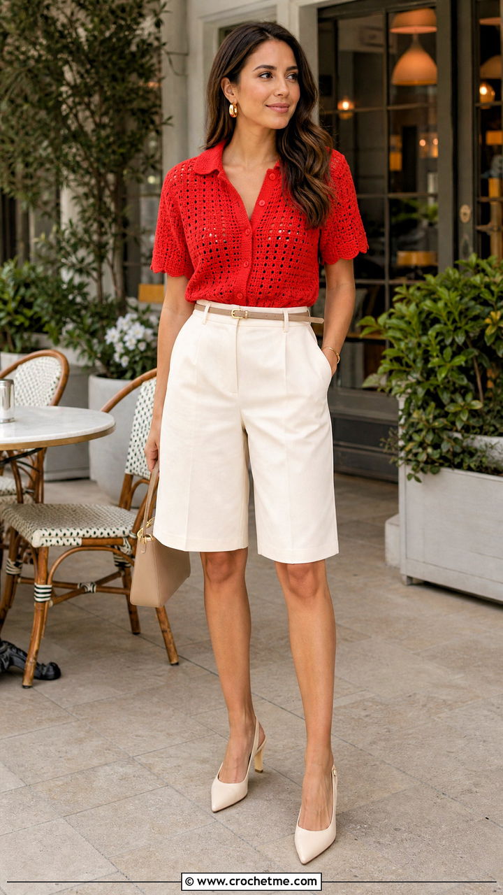 Tomato Red Crochet Blouse With Tailored Shorts - 35 crochet birthday outfit ideas