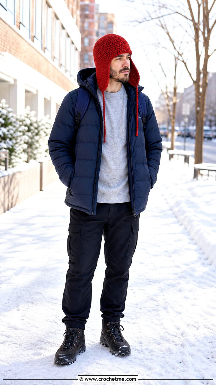 Tomato Red Crochet Trapper Hat With Puffer Coat - 35 mens crochet hats outfit ideas