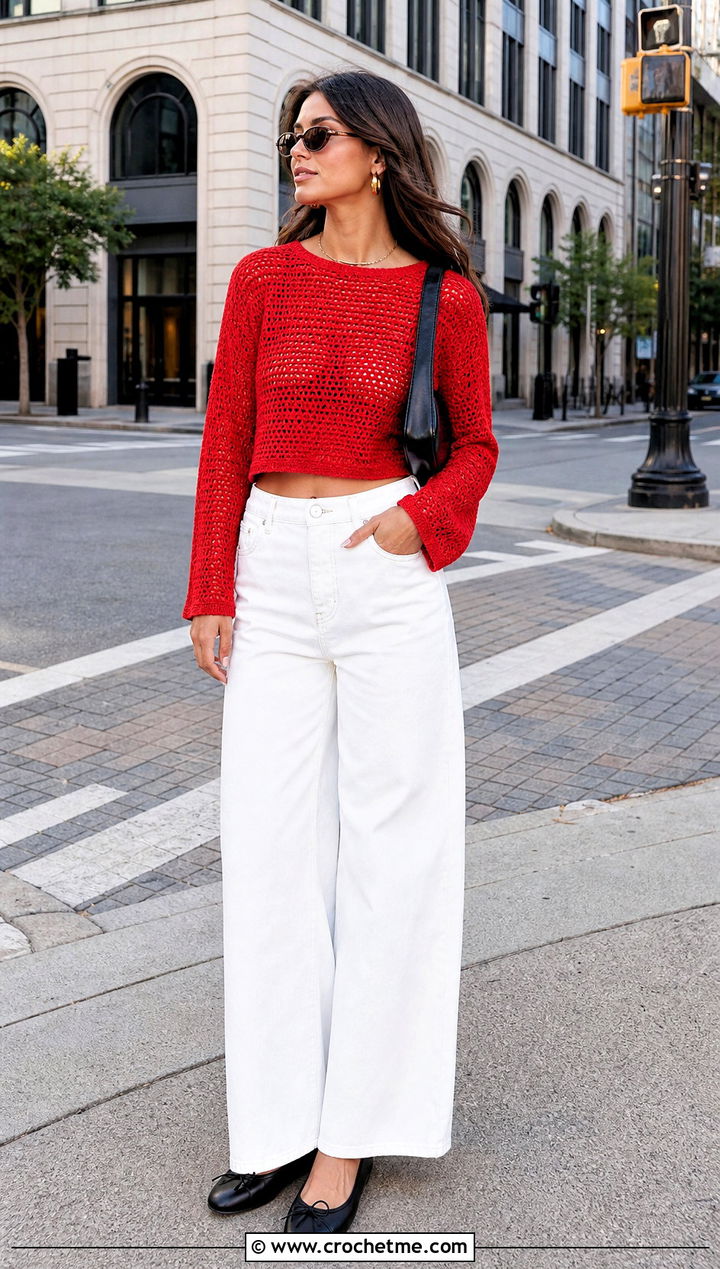 Tomato Red Cropped Crochet Sweater With White Denim - 35 crochet light sweater outfit ideas