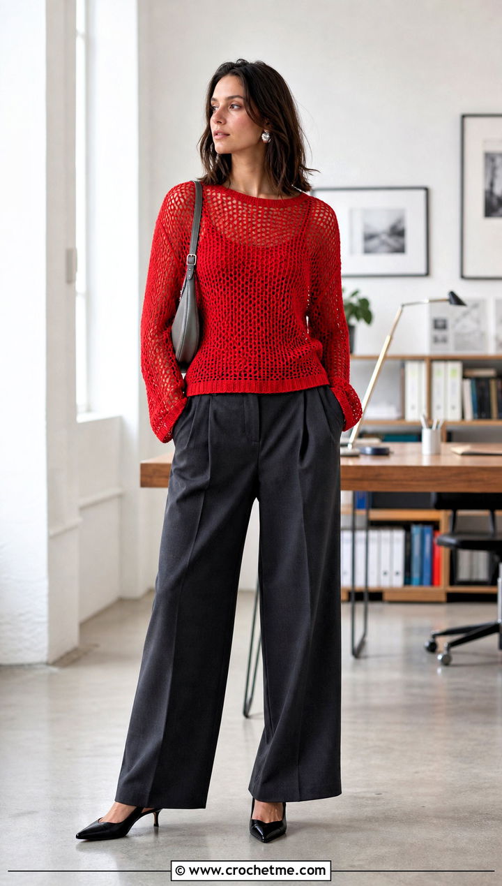 Tomato Red Mesh Crochet Sweater With Tailored Trousers - 15 Red Crocheted Sweater Close-Up outfit ideas