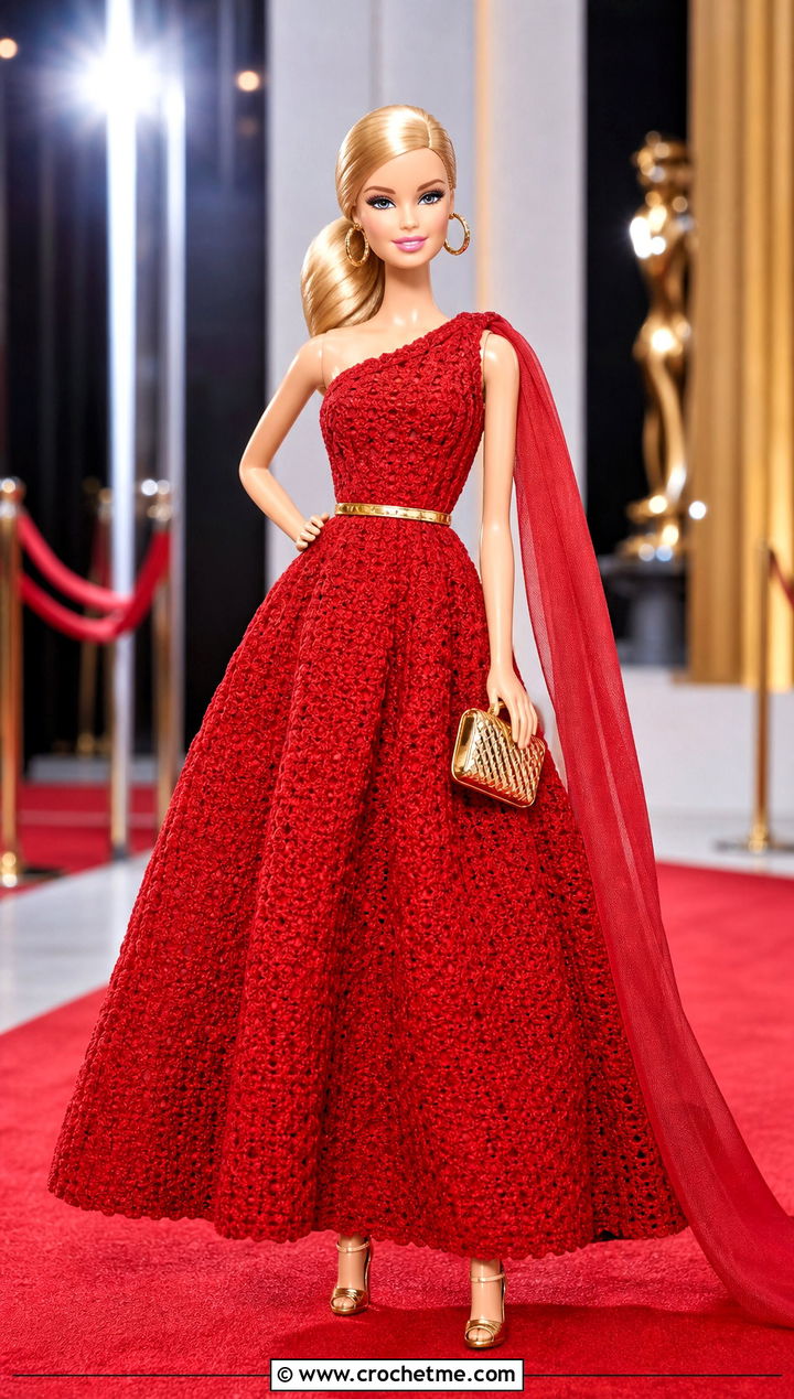 Tomato Red One Shoulder Crochet Barbie Ball Gown - 30 crochet barbie ball gowns outfit ideas