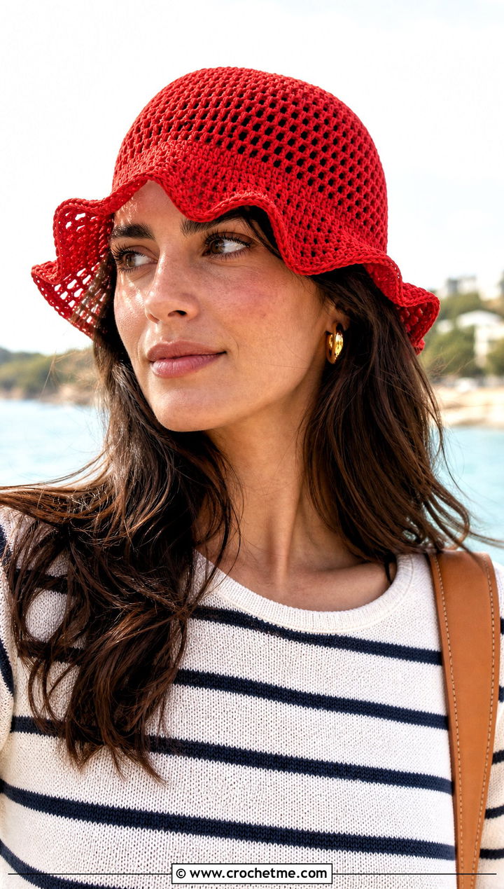 Tomato Red Wavy Brim Mesh Bucket Hat With Striped Knit - 30 crochet mesh bucket hat outfit ideas