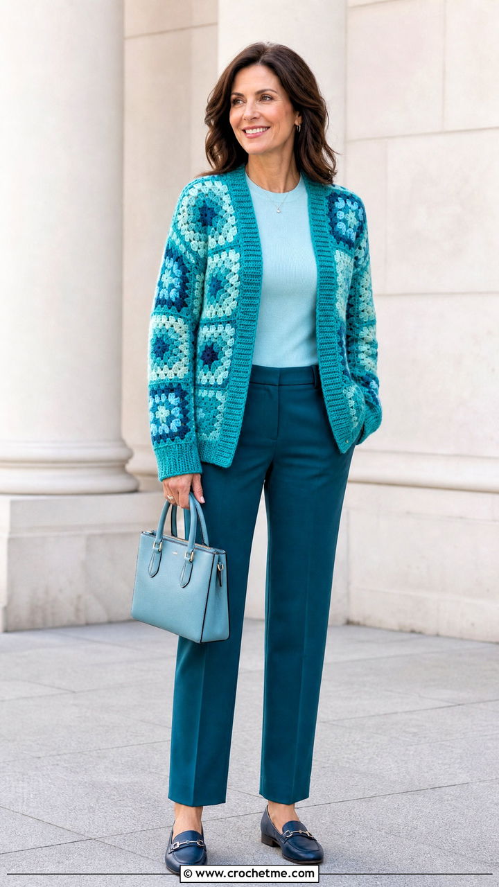 Tonal Chunky Granny Square Cardigan With Matching Separates - 35 Chunky Granny Square Cardigan outfit ideas