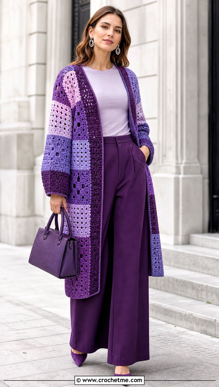Tonal Crochet Patched Cardigan With Monochrome Pants - 20 Crochet Patched Cardigan outfit ideas