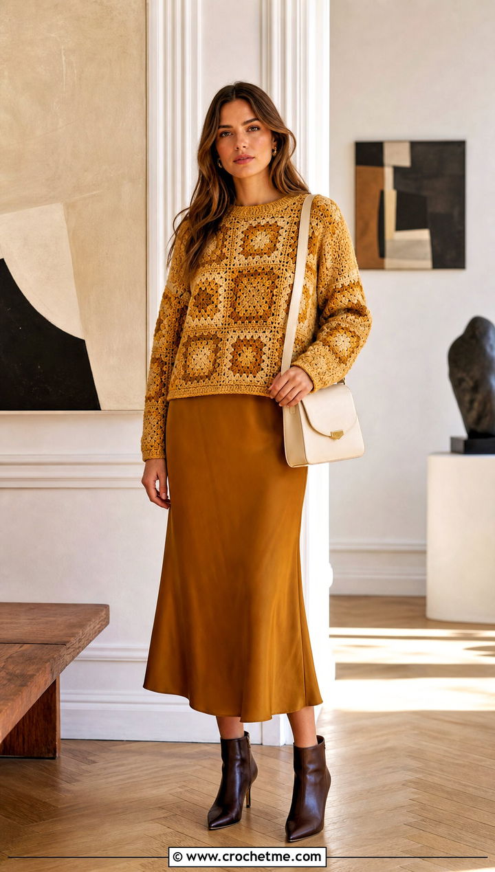 Tonal Crochet Square Sweater With Matching Midi Skirt - 35 Crochet Square Sweater outfit ideas
