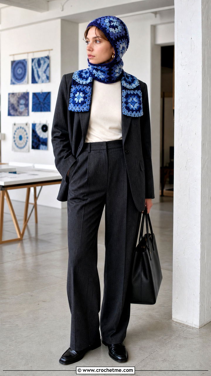 Tonal Granny Square Balaclava With Trouser Suit - 35 granny square balaclava outfit ideas