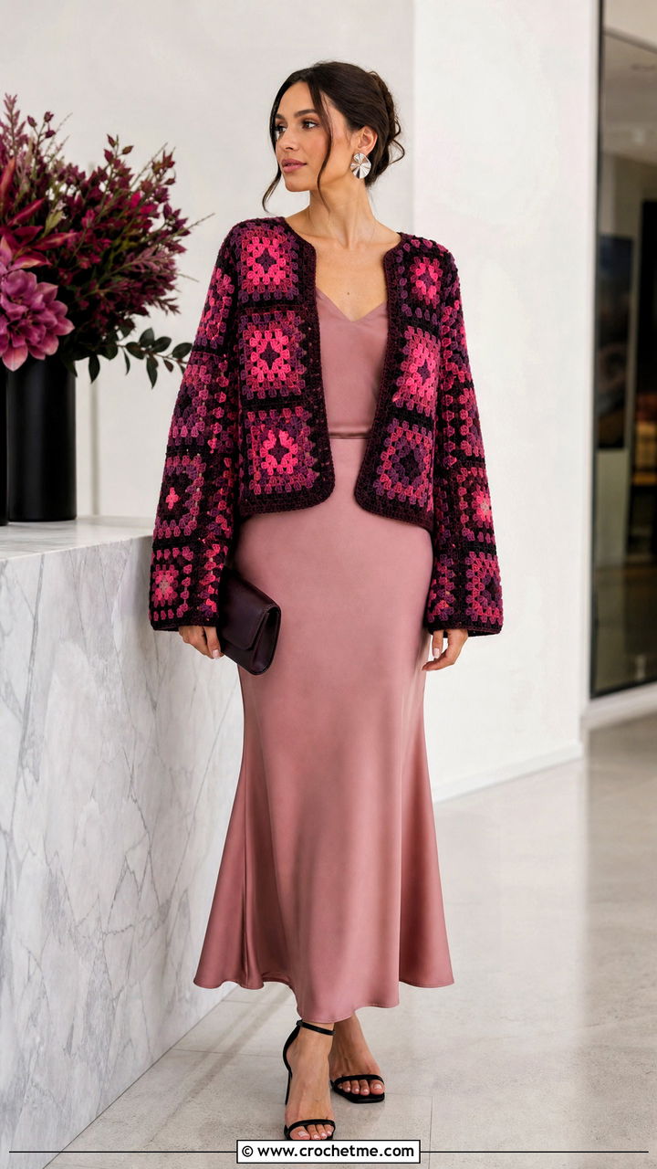 Tonal Granny Square Cardigan With Satin Slip Skirt - 35 crochet granny square cardigan outfit ideas