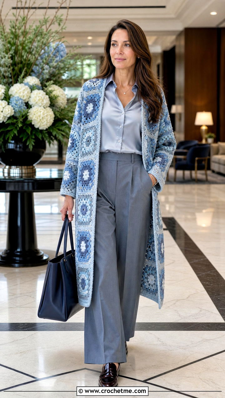 Tonal Granny Square Long Cardigan With Wide Leg Trousers - 25 crochet granny square long cardigan outfit ideas