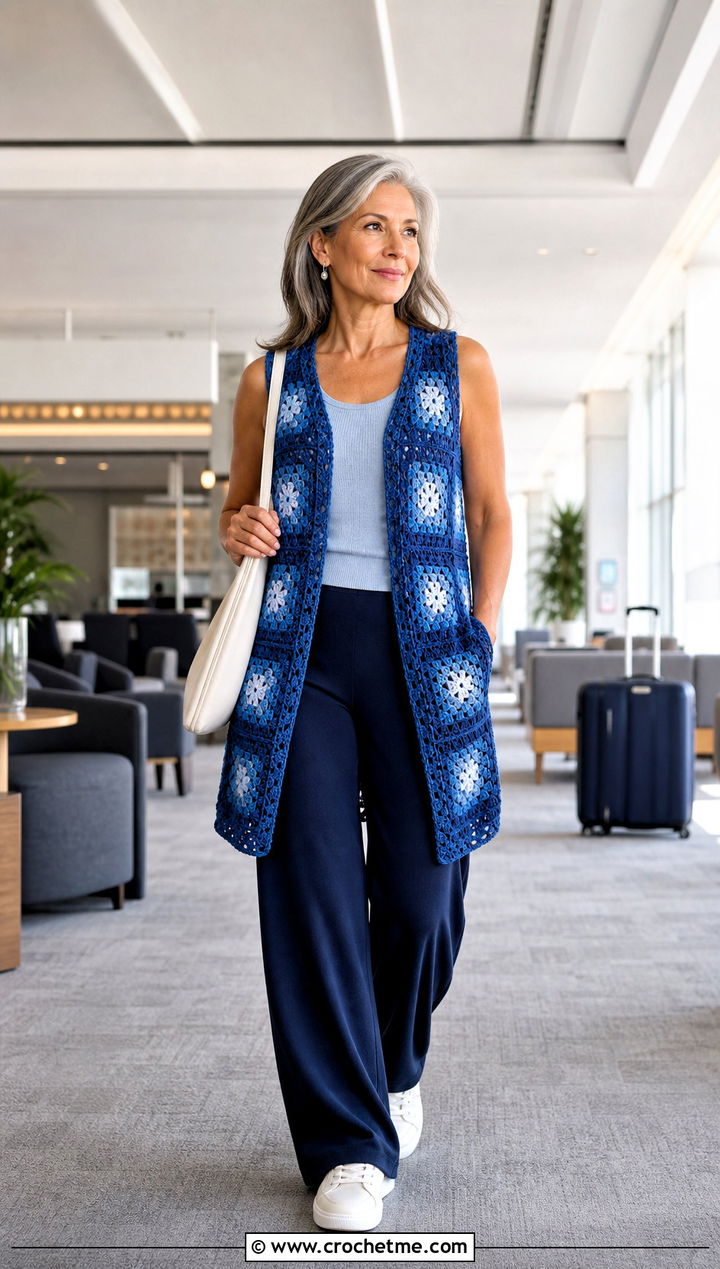 Tonal Granny Square Open Vest With Knit Pants - 25 granny square open vest outfit ideas