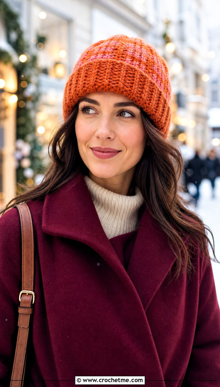 Tonal Plaid Cuffed Crochet Beanie With Sweater Dress - 15 Plaid Crochet Beanie outfit ideas