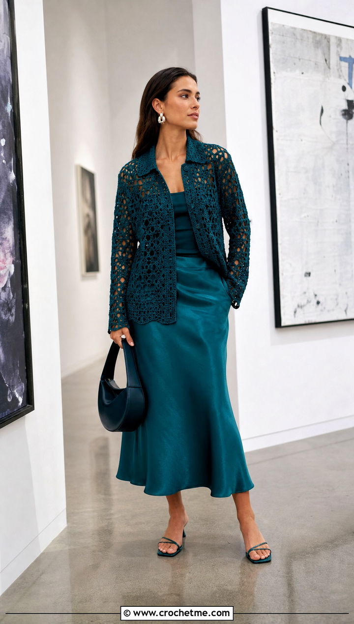 Tonal Relaxagon Crochet Shirt With Satin Midi Skirt - 15 relaxagon crochet shirt outfit ideas