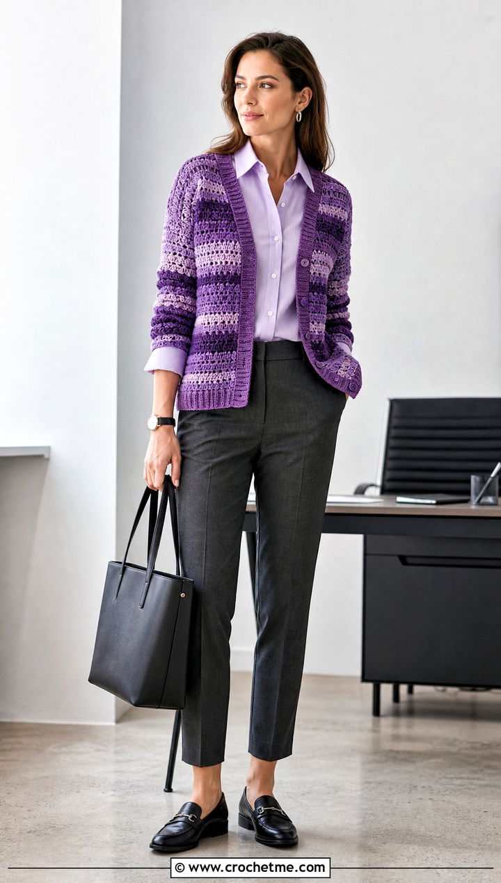 Tonal Riverbed Crochet Cardigan With Tailored Office Pants - 25 riverbed crochet cardigan outfit ideas