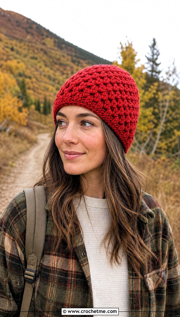 Top Down Alpine Stitch Crochet Beanie With Shacket - 30 top down crochet hat outfit ideas