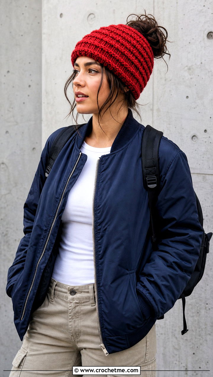 Top Down Alpine Stitch Crochet Messy Bun Hat With Bomber Jacket - 20 top down crochet messy bun hat outfit ideas