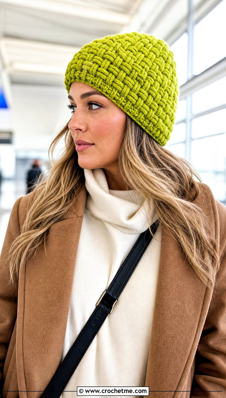 Top Down Basketweave Crochet Beanie With Tailored Joggers - 30 top down crochet hat outfit ideas