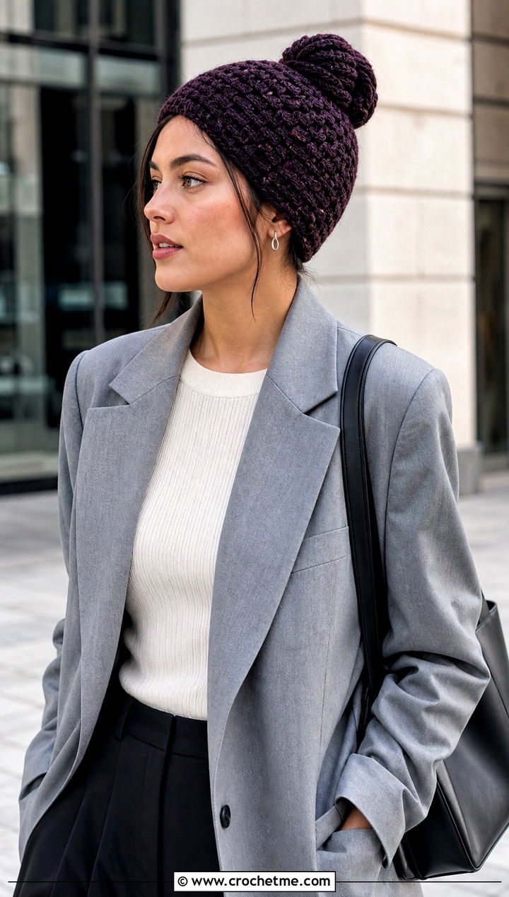 Top Down Basketweave Crochet Messy Bun Hat With Blazer - 20 top down crochet messy bun hat outfit ideas