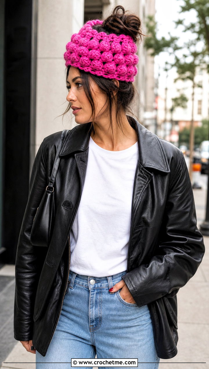 Top Down Beehive Crochet Messy Bun Hat With Leather Jacket - 20 top down crochet messy bun hat outfit ideas