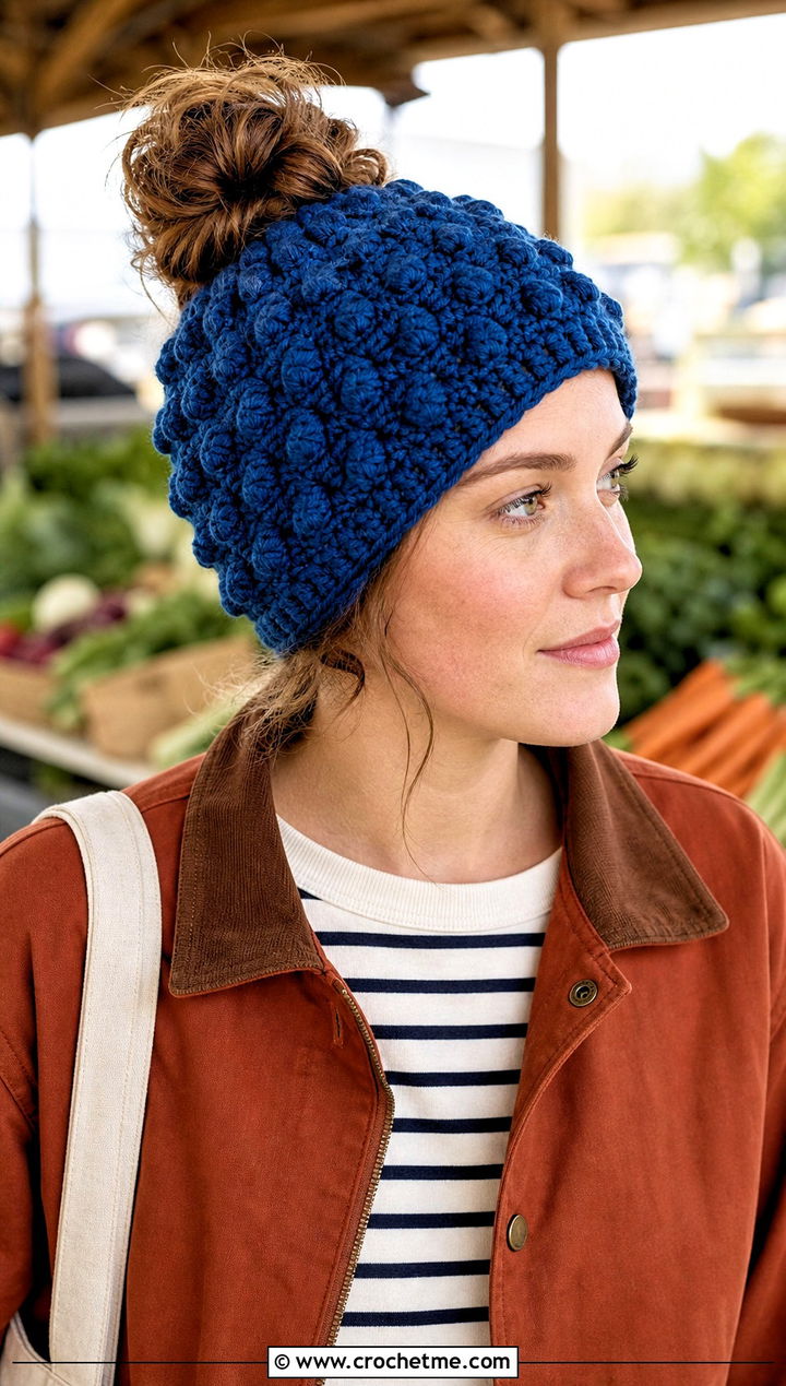 Top Down Bobble Crochet Messy Bun Hat With Barn Jacket - 20 top down crochet messy bun hat outfit ideas