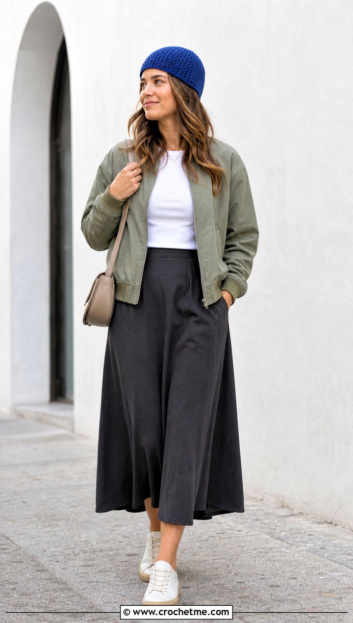Top Down Brimless Crochet Beanie With Bomber Jacket And Midi Skirt - 35 top down crochet beanie outfit ideas