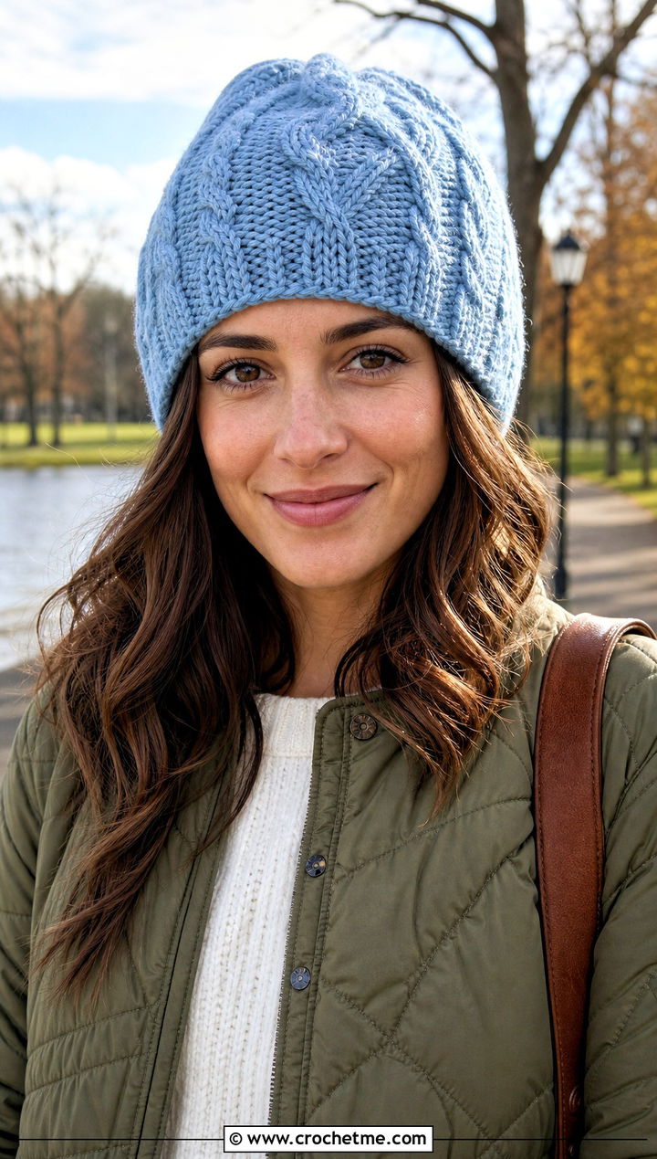 Top Down Cable Crochet Beanie With Quilted Jacket - 30 top down crochet hat outfit ideas