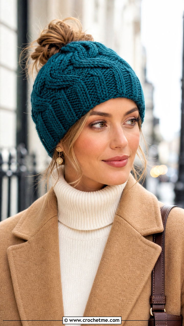 Top Down Cable Crochet Messy Bun Hat With Wool Coat - 20 top down crochet messy bun hat outfit ideas