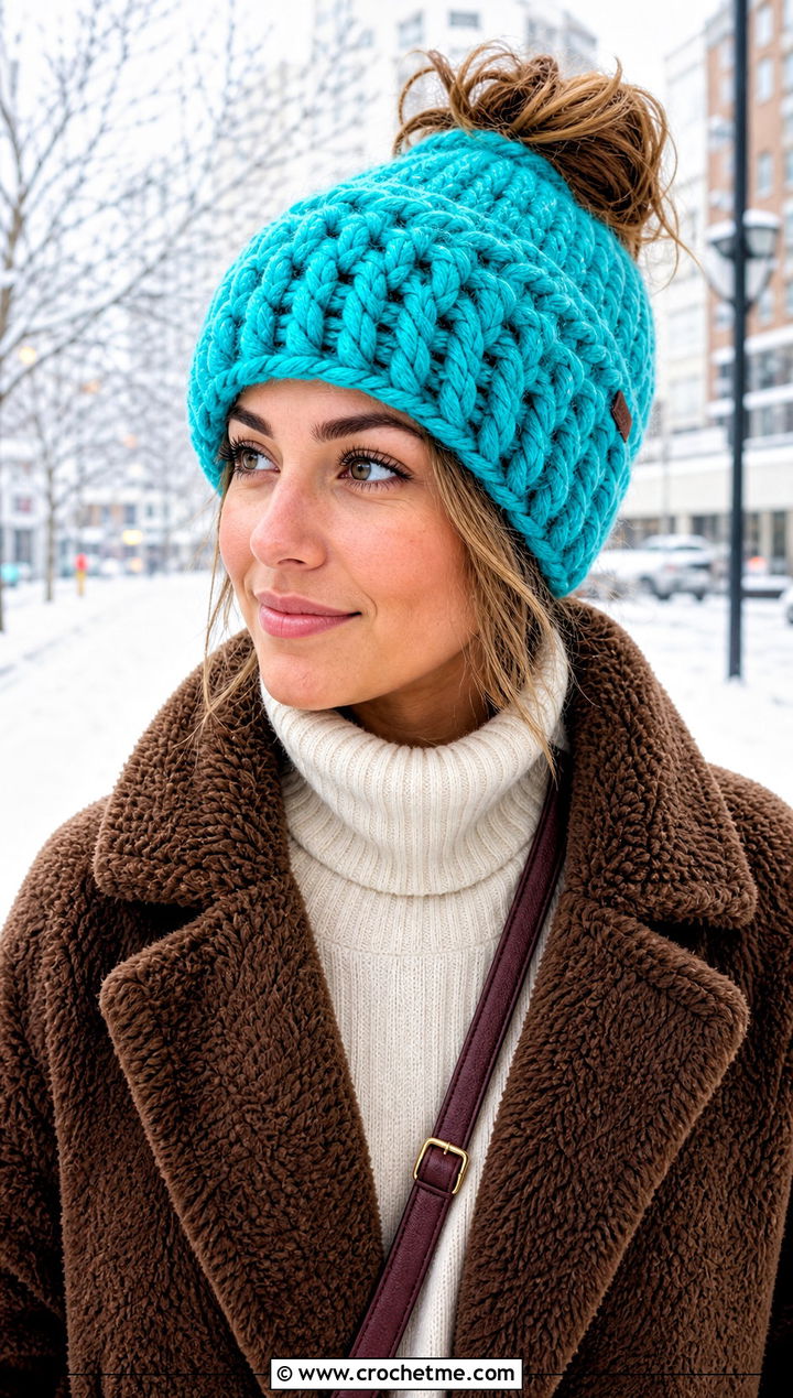 Top Down Chunky Crochet Messy Bun Hat With Teddy Coat - 20 top down crochet messy bun hat outfit ideas