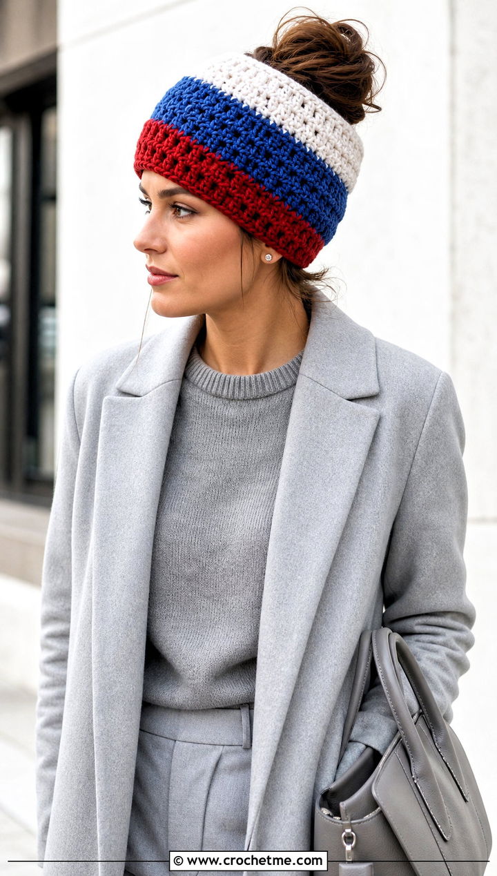 Top Down Color Block Crochet Messy Bun Hat With Monochrome Outfit - 20 top down crochet messy bun hat outfit ideas