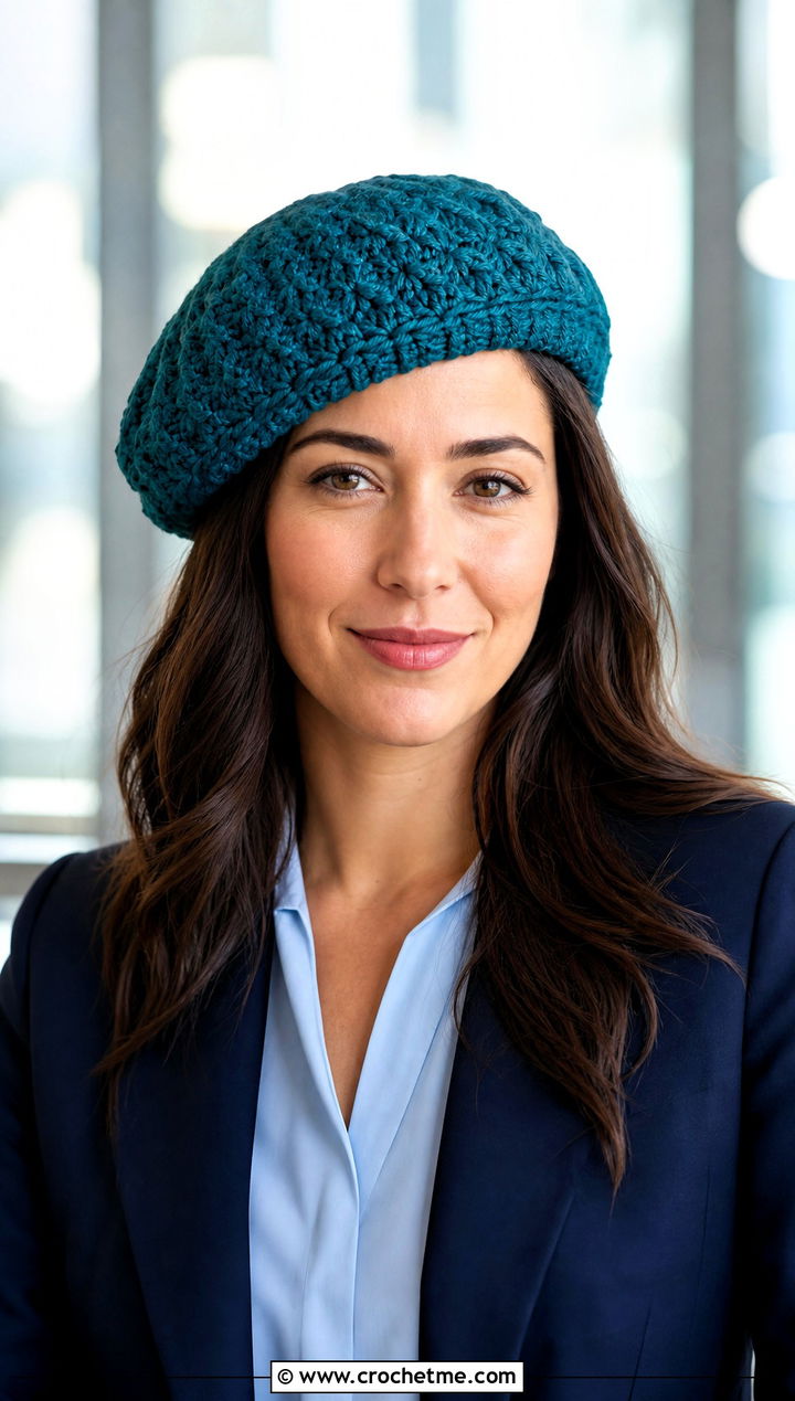 Top Down Crochet Beret With Blazer And Trousers - 30 top down crochet hat outfit ideas