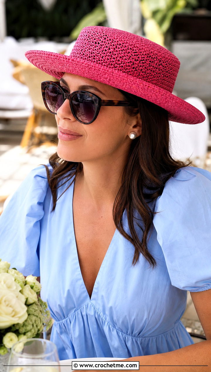 Top Down Crochet Boater Hat With Poplin Dress - 30 top down crochet hat outfit ideas