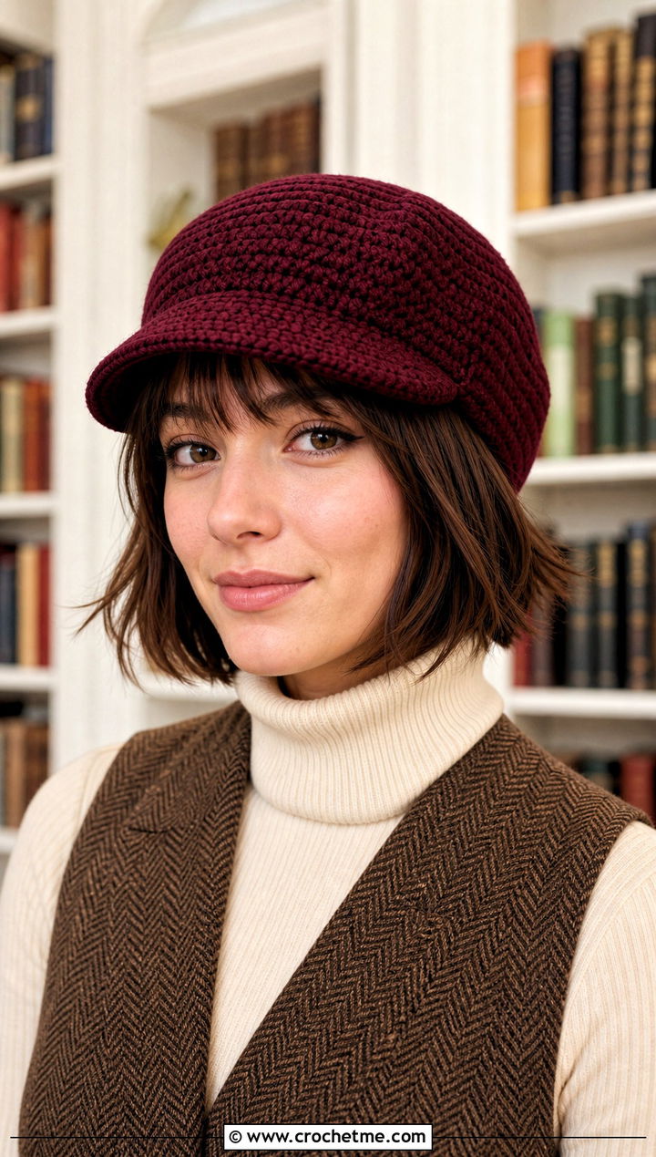 Top Down Crochet Newsboy Cap With Wide Leg Trousers - 30 top down crochet hat outfit ideas