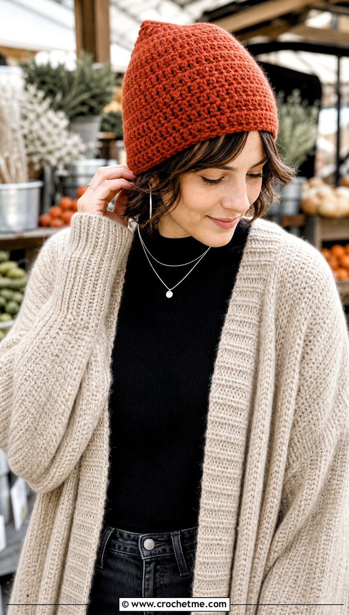Top Down Crochet Pixie Hat With Oversized Cardigan - 30 top down crochet hat outfit ideas