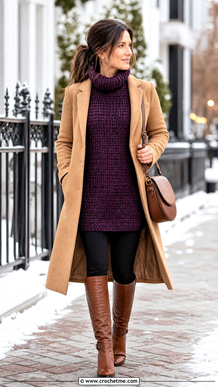 Top Down Crochet Turtleneck Sweater With Ponte Leggings - 35 top down crochet sweater outfit ideas