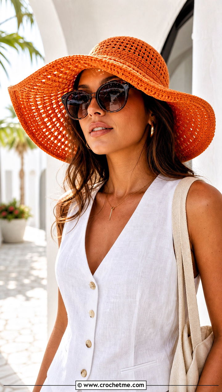 Top Down Crochet Wide Brim Sun Hat With Linen Set - 30 top down crochet hat outfit ideas