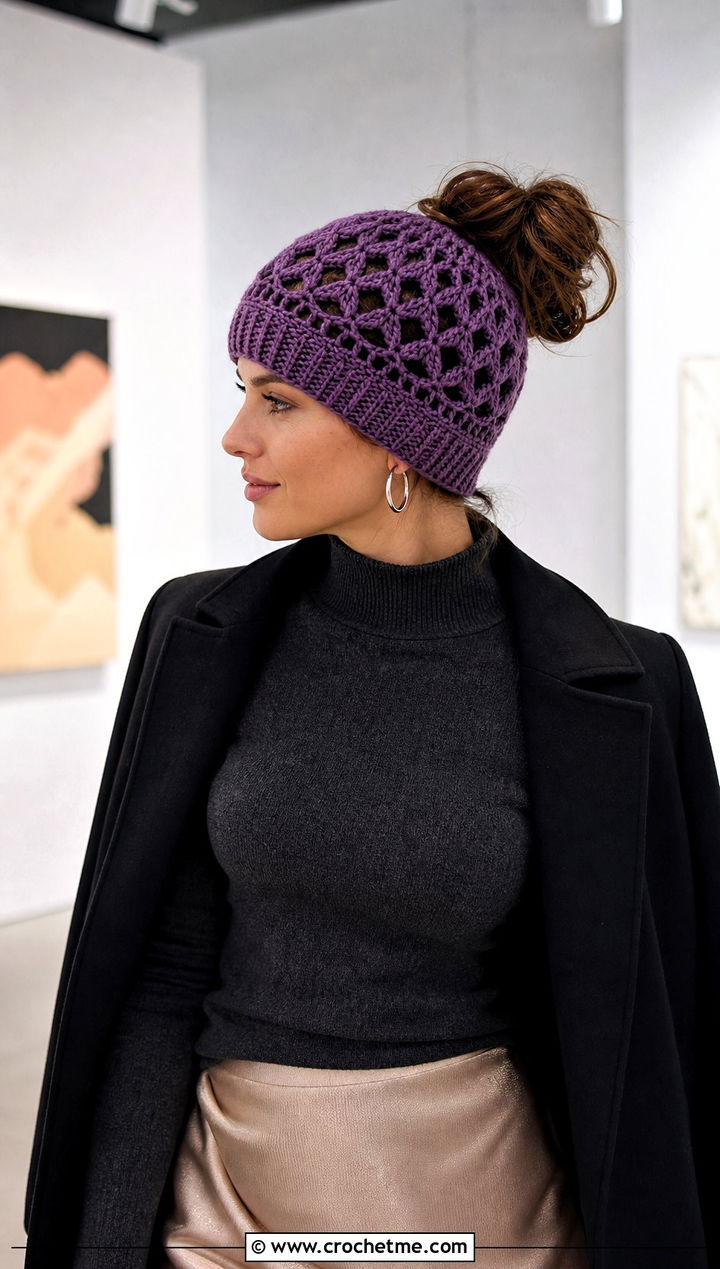 Top Down Diamond Crochet Messy Bun Hat With Satin Skirt - 20 top down crochet messy bun hat outfit ideas