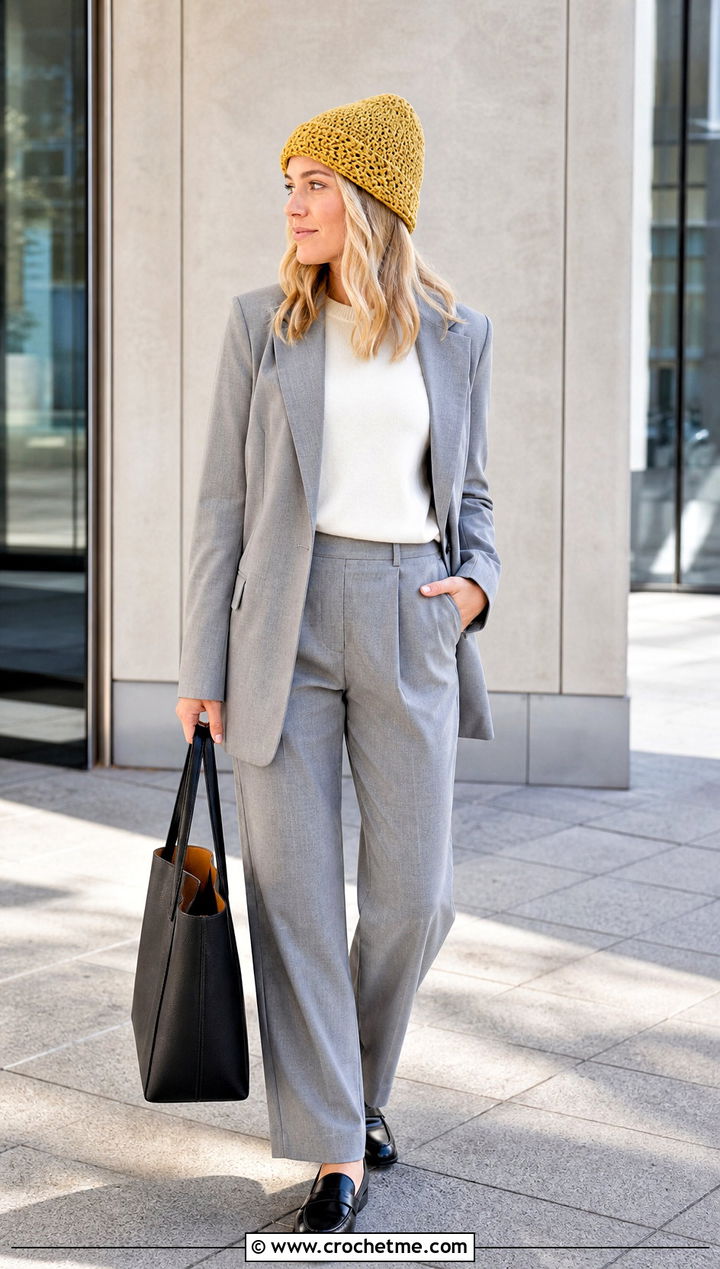 Top Down Fisherman Crochet Beanie With Blazer And Tailored Trousers - 35 top down crochet beanie outfit ideas