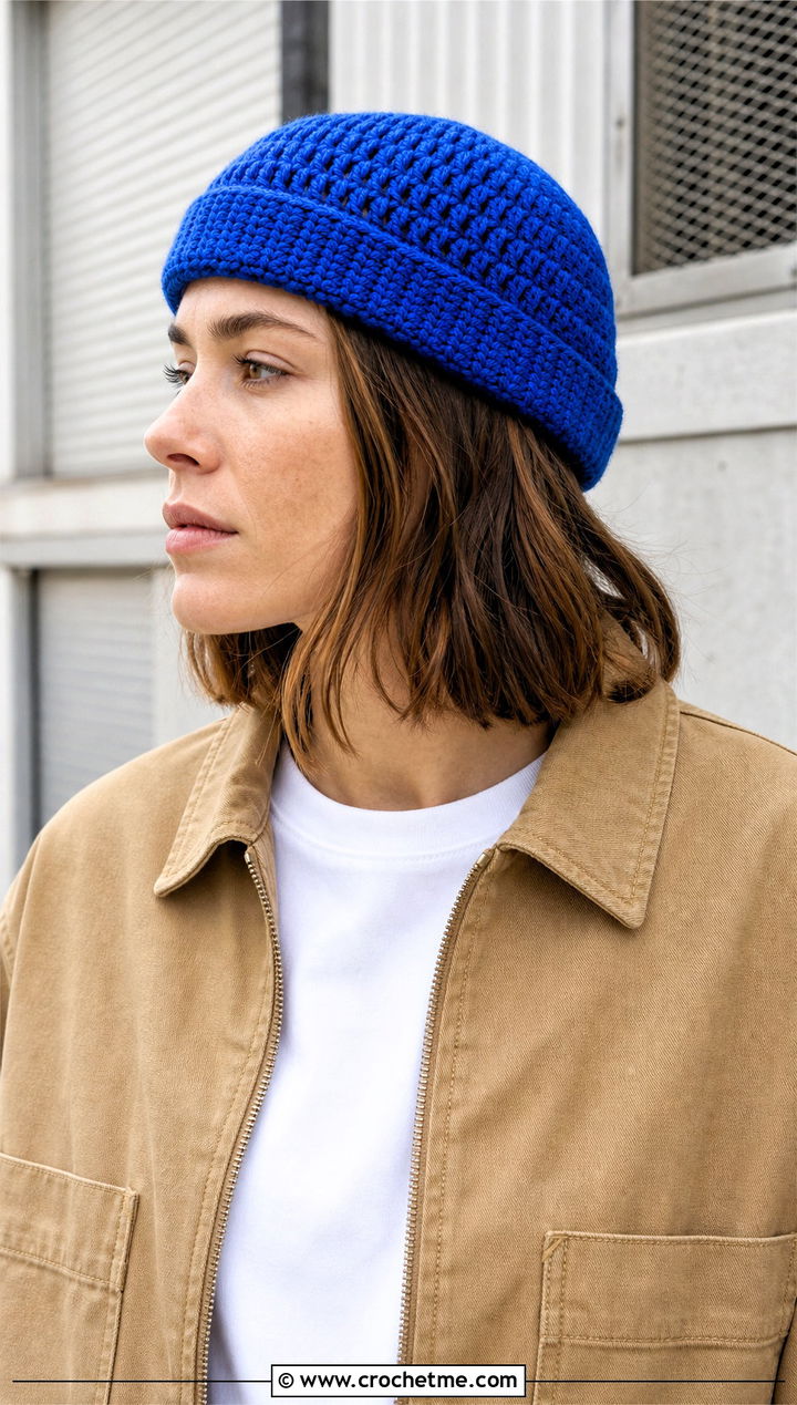 Top Down Fisherman Crochet Beanie With Utility Jacket - 30 top down crochet hat outfit ideas