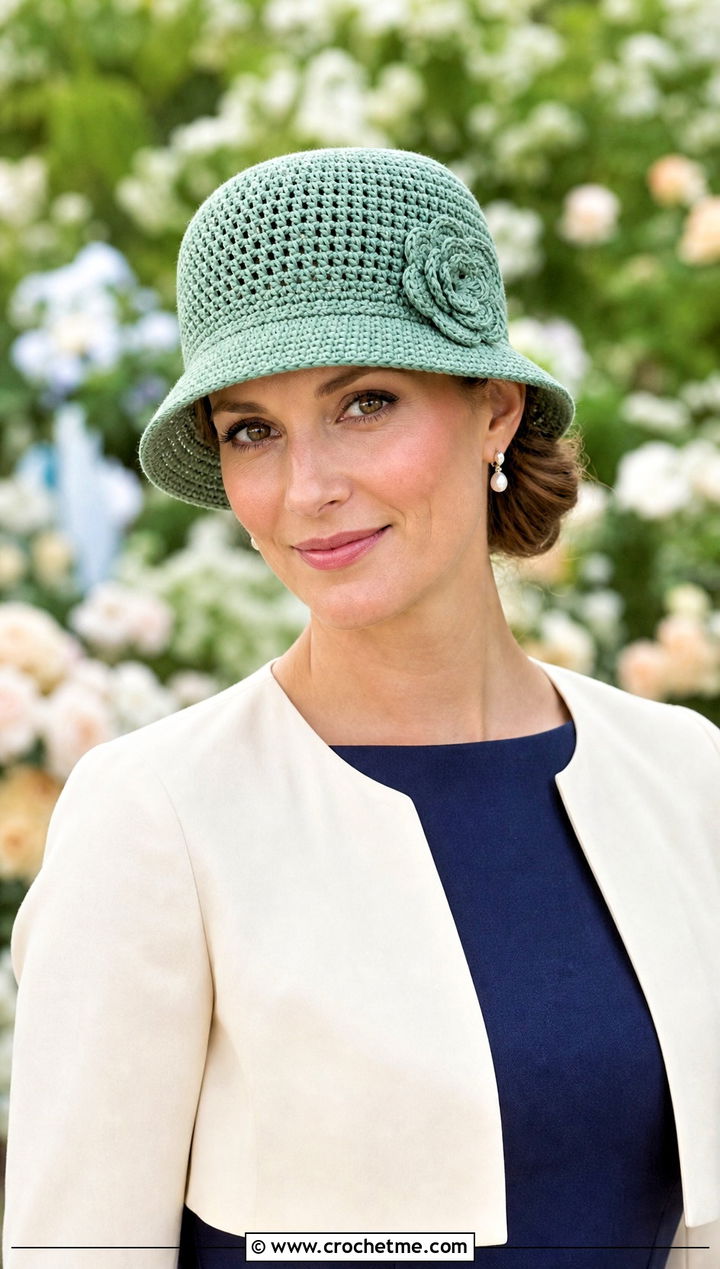 Top Down Floral Crochet Cloche With Cropped Jacket - 30 top down crochet hat outfit ideas