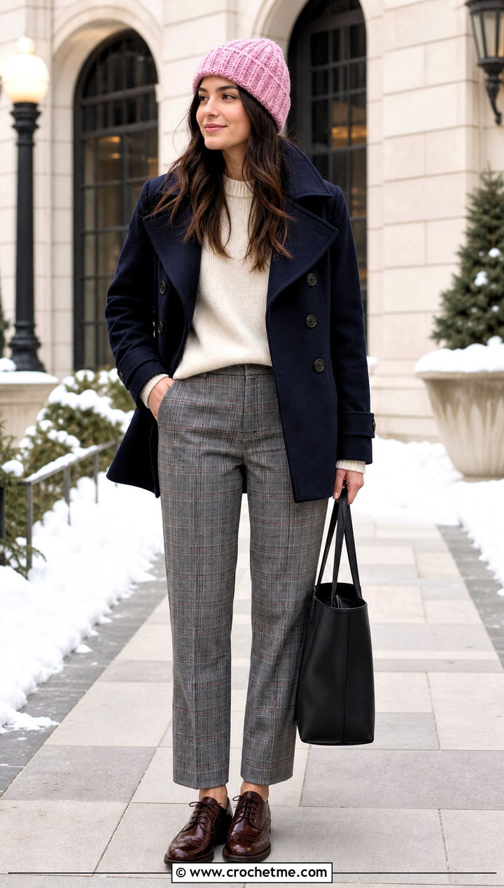 Top Down Fold Over Crochet Beanie With Peacoat And Plaid Trousers - 35 top down crochet beanie outfit ideas