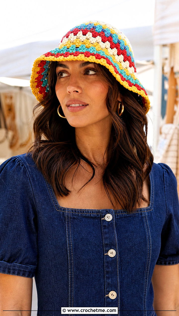 Top Down Granny Stitch Crochet Bucket Hat With Denim Dress - 30 top down crochet hat outfit ideas