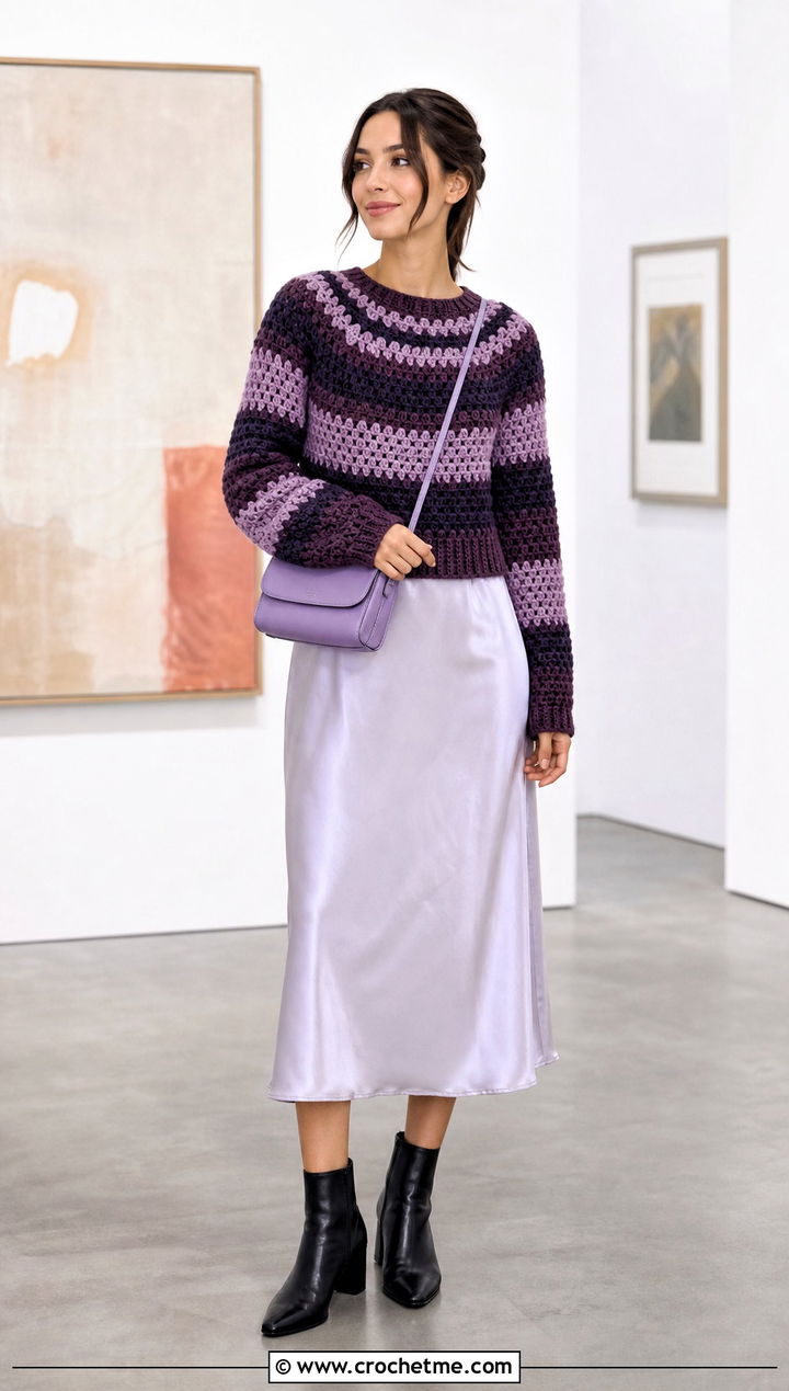 Top Down Granny Stripe Crochet Sweater Over A Slip Dress - 25 Granny Stripe Crochet Sweater outfit ideas