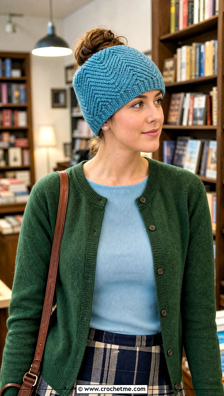 Top Down Herringbone Crochet Messy Bun Hat With Plaid Skirt - 20 top down crochet messy bun hat outfit ideas
