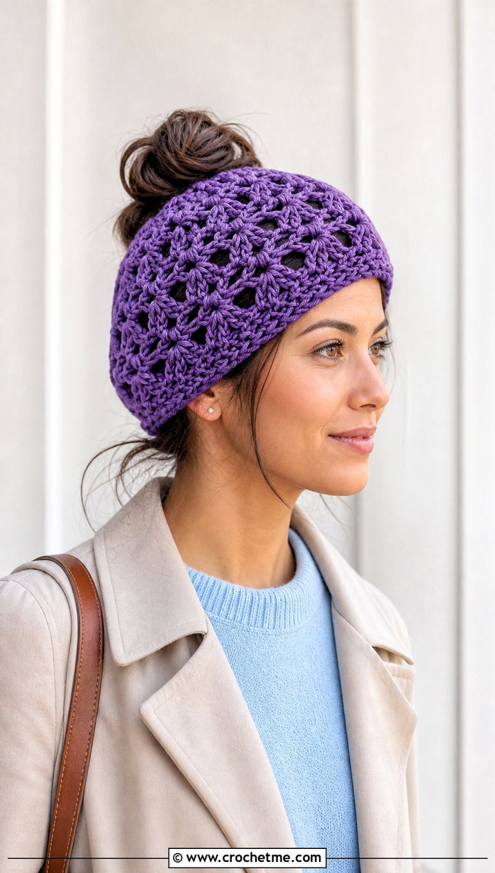 Top Down Lace Crochet Messy Bun Hat With Trench Coat - 20 top down crochet messy bun hat outfit ideas