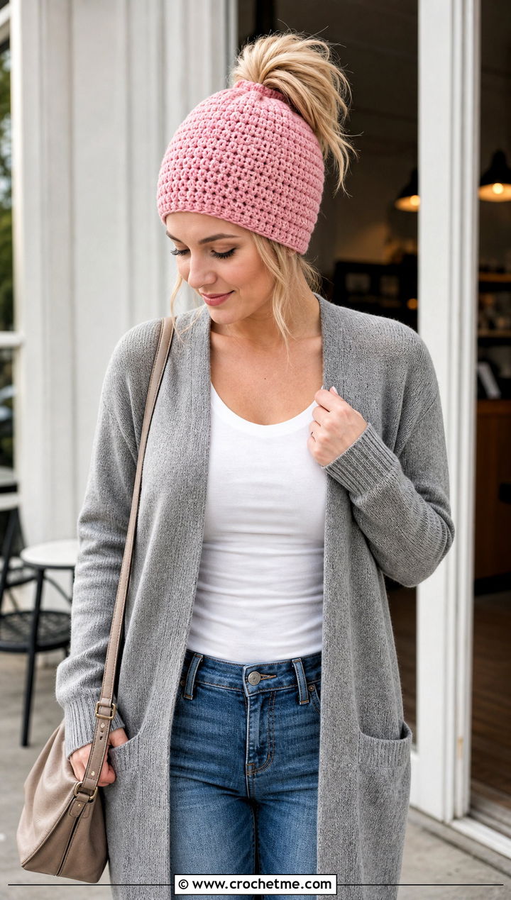 Top Down Linen Stitch Crochet Messy Bun Hat With Long Cardigan - 20 top down crochet messy bun hat outfit ideas