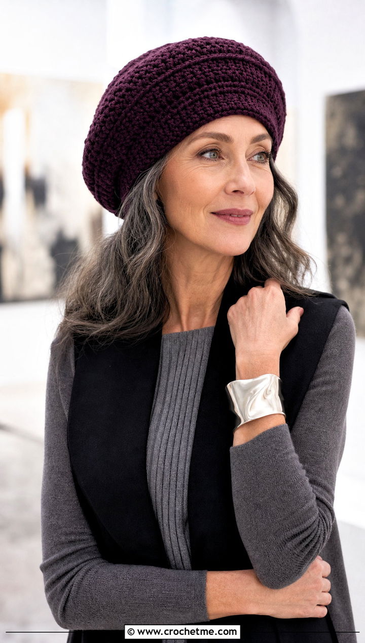 Top Down Oversized Crochet Tam With Knit Dress - 30 top down crochet hat outfit ideas