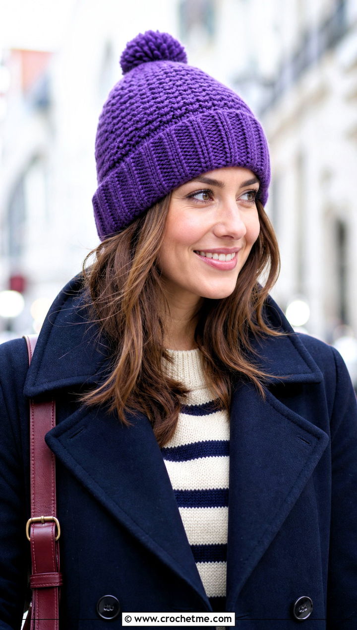 Top Down Pom Pom Crochet Beanie With Peacoat - 30 top down crochet hat outfit ideas