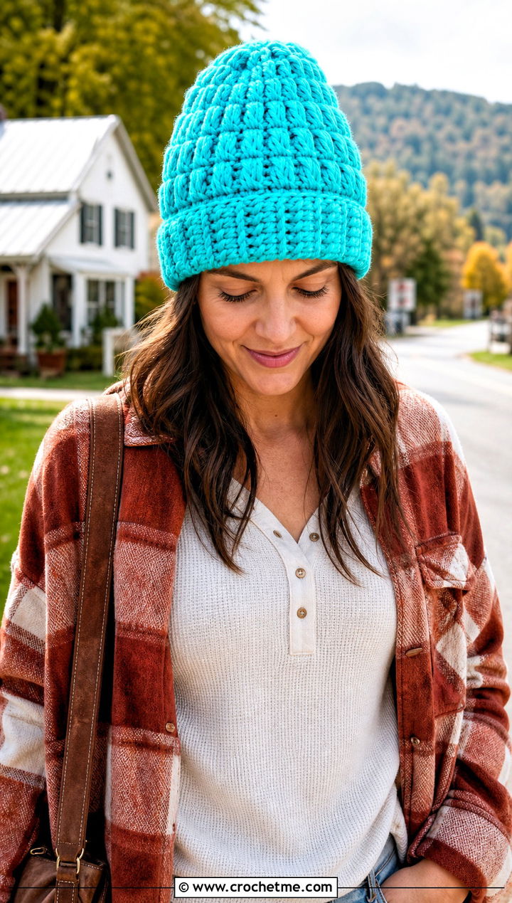 Top Down Puff Stitch Beanie With Shacket And Flared Jeans - 25 crochet puff stitch beanie outfit ideas